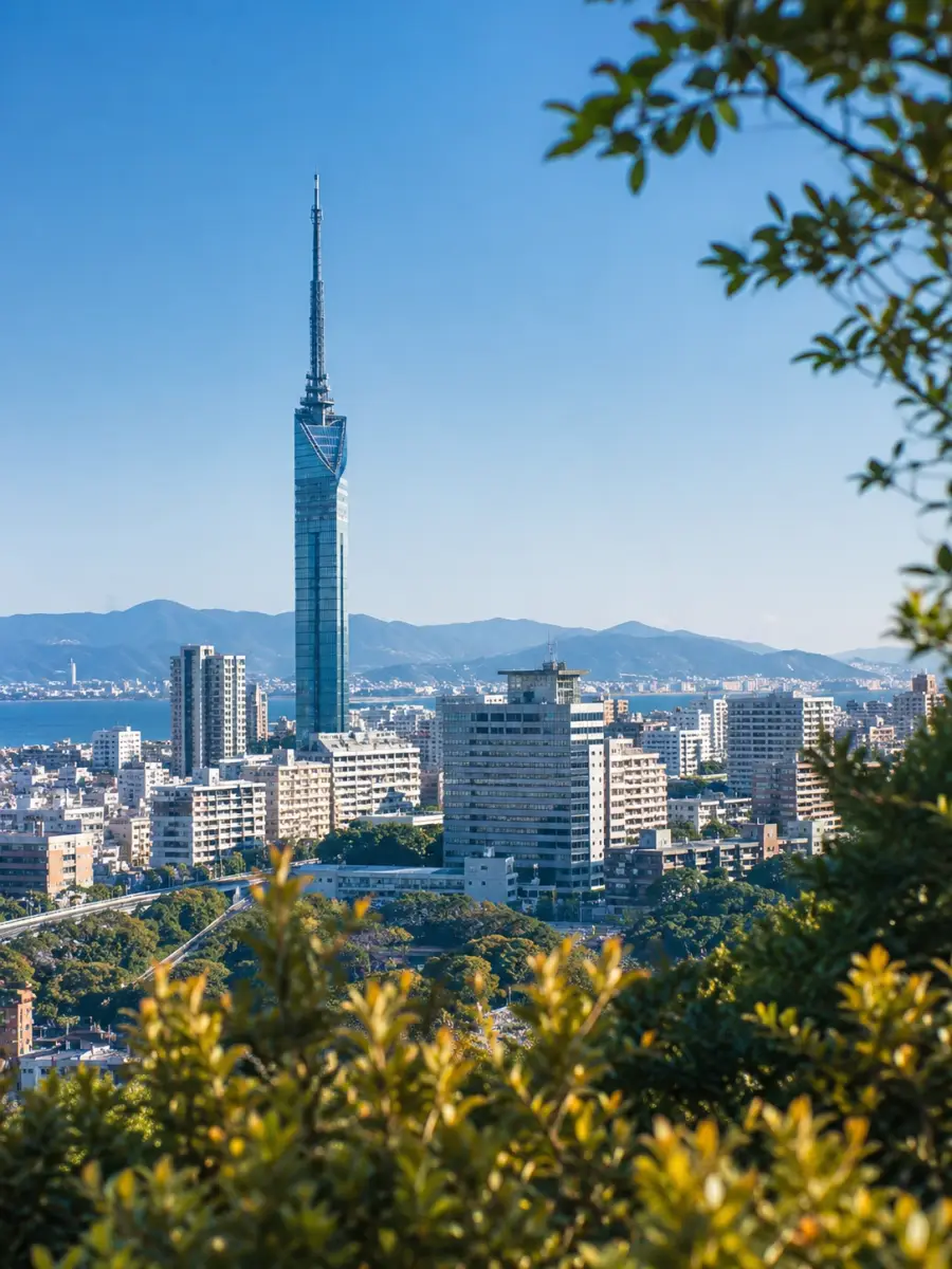 福岡タワーと市街地を見下ろす、緑に囲まれた福岡の都市景観
