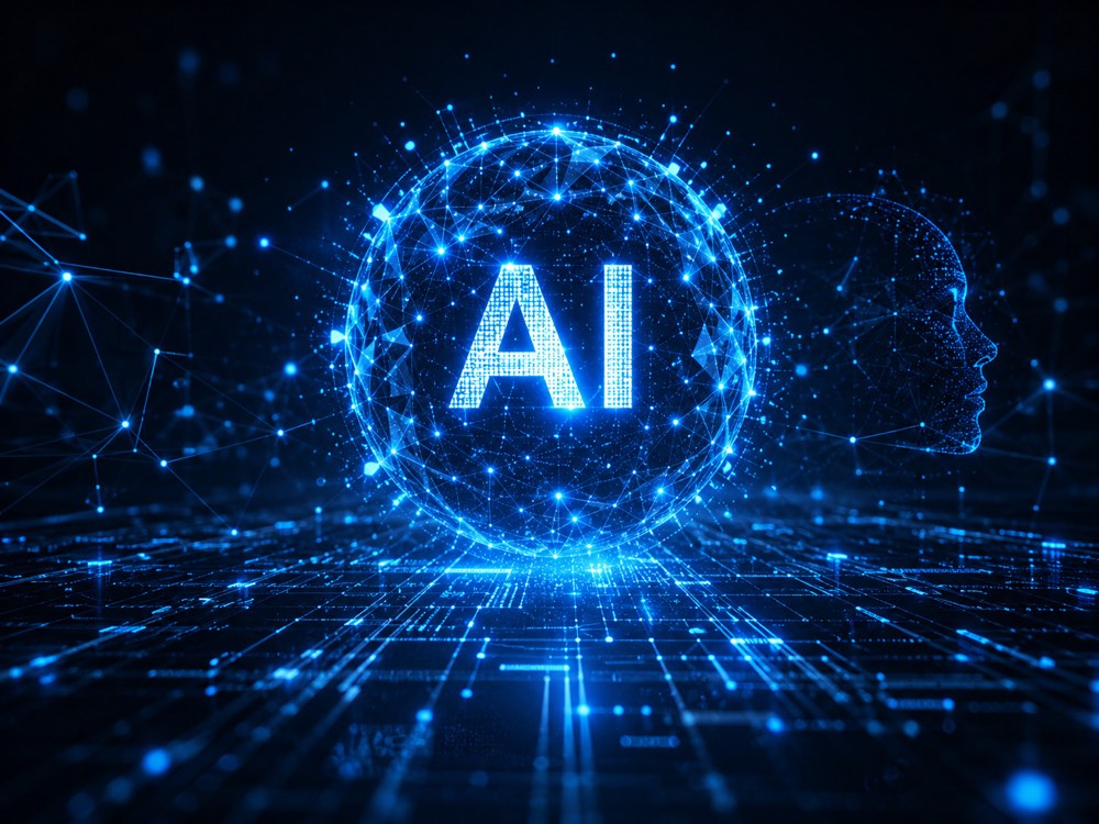 ノートパソコンで作業する男性の傍らに浮かぶ、光る脳のネットワークと分析グラフのAIグラフィック